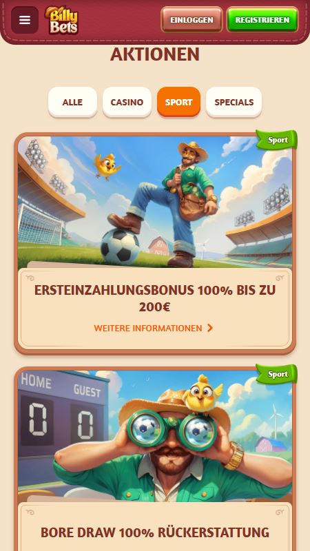 Aktionsseite auf BillyBets