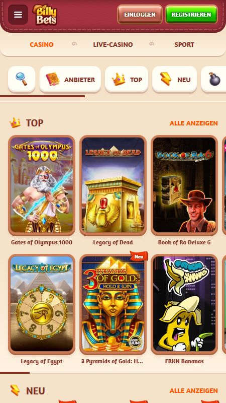 Online-Casino-Bereich auf BillyBets