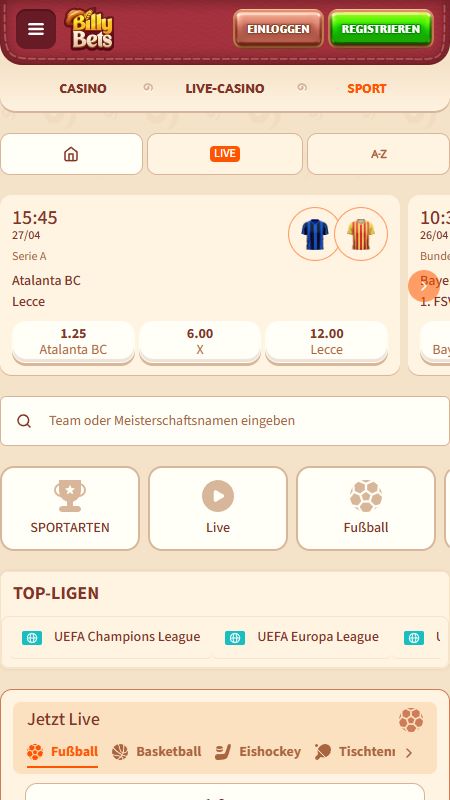 Online-Sportwetten-Bereich auf BillyBets