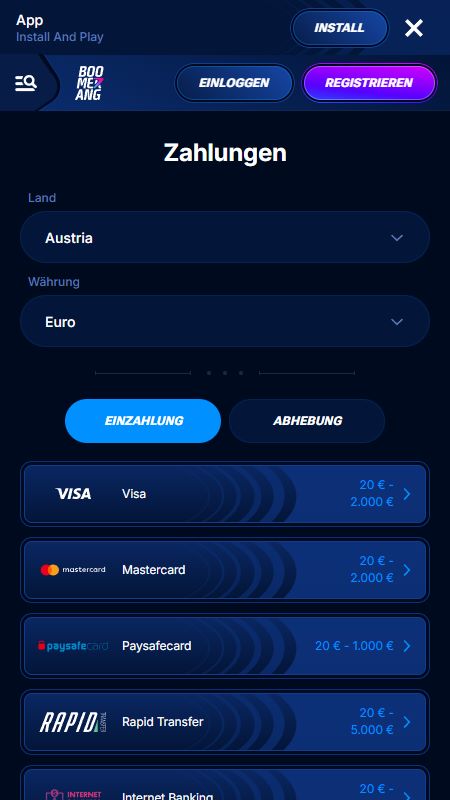 Boomerang-bet: Zahlungsmethode auswählen