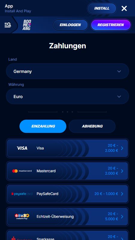 Boomerang-bet: Zahlungsmethode auswählen