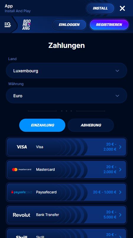 Boomerang-bet: Zahlungsmethode auswählen