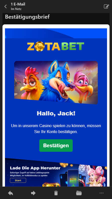 ZotaBet Email confirmation
