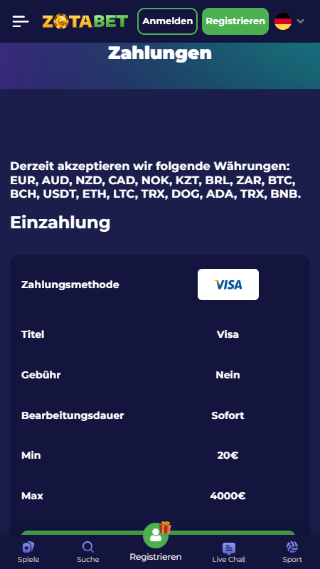 Zotabet payment methods