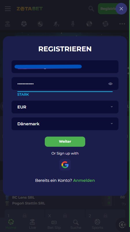 ZotaBet registration step 1