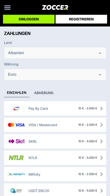 Zoccer payment methods